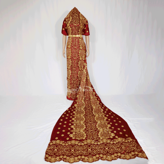 Gold and Maroon Velvet Bridal Dirac is 4,5 meters long, the perfect size for a long captivating dress. this piece is a full set with a matching gorgorad (underpiece) and garbarsaar (shawl).