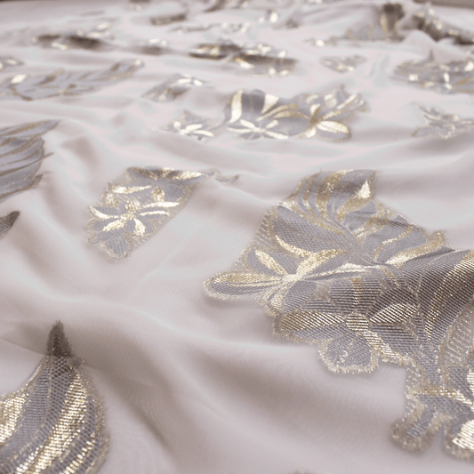 Grey on white Dirac fransawi, made from fine fabric with intricate floral design patterns. This dirac is definitely going to turn heads.
