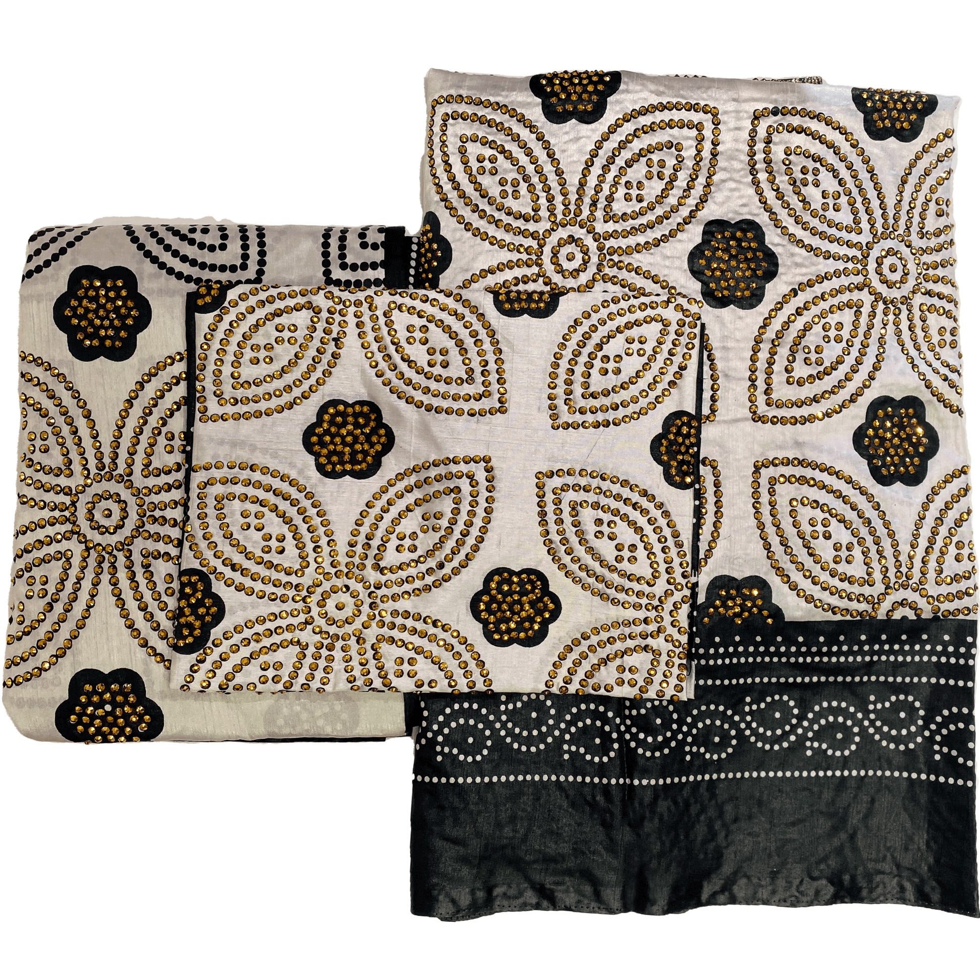 This Gorgeous traditional Shash will create the ultimate traditional Somali look, if you're looking to bring that extra touch of tradition into your wedding, look no further. Here we have a 3 piece set Shaash with original beautiful intricate print. with a modern twist of Gold stones.